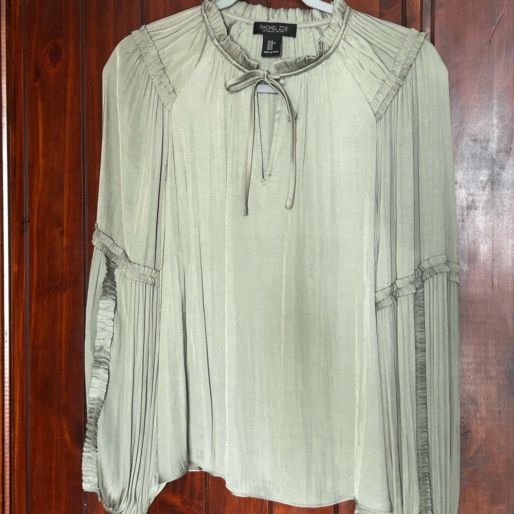 Rachel Zoe Light Sage Green Pleated Tie-Neck Blouse